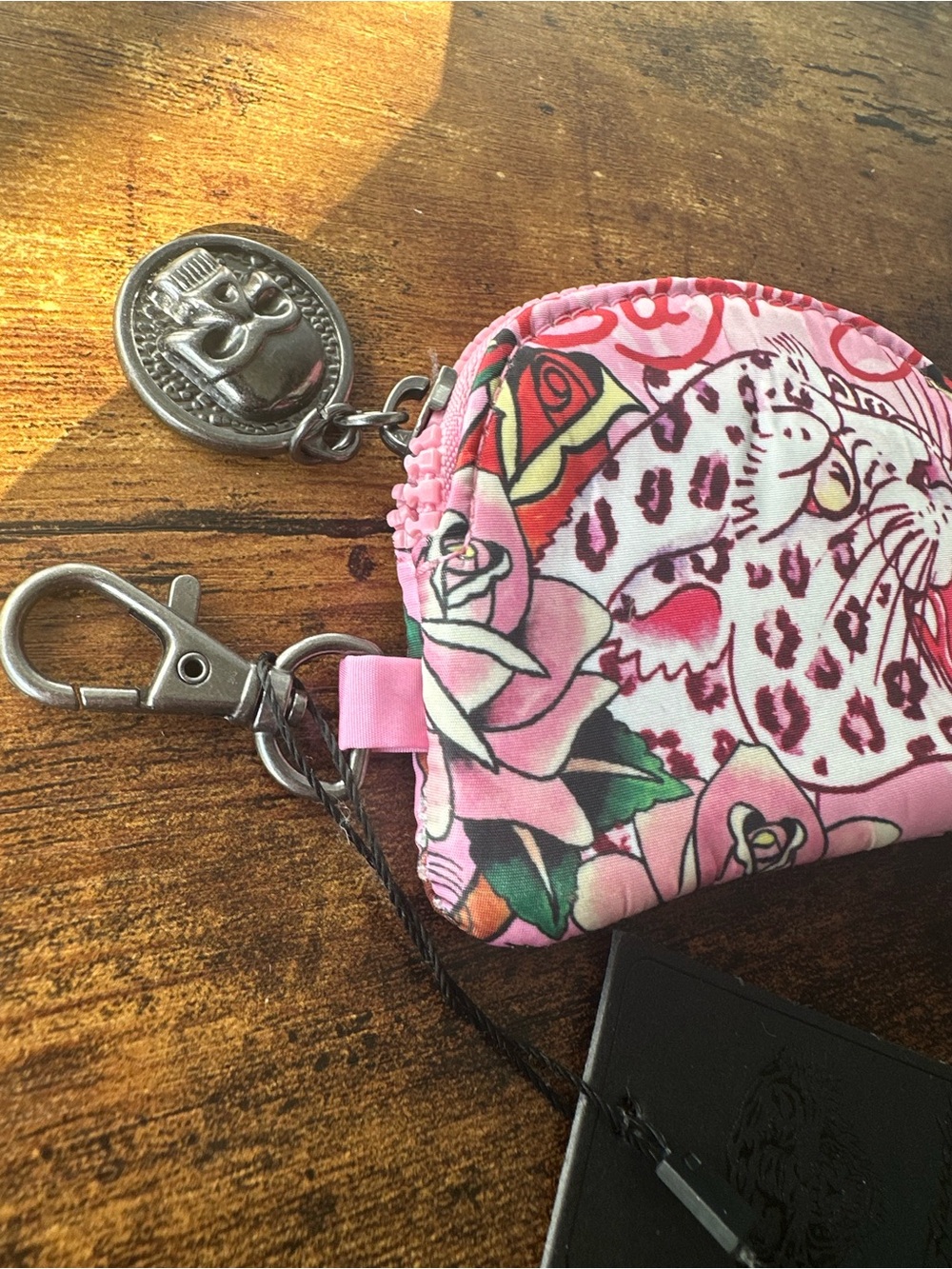 Ed Hardy Pink Leopard Coin Pouch Wallet Bag Charm Keychain Skull Zip Charm NWT - Picture 3 of 5